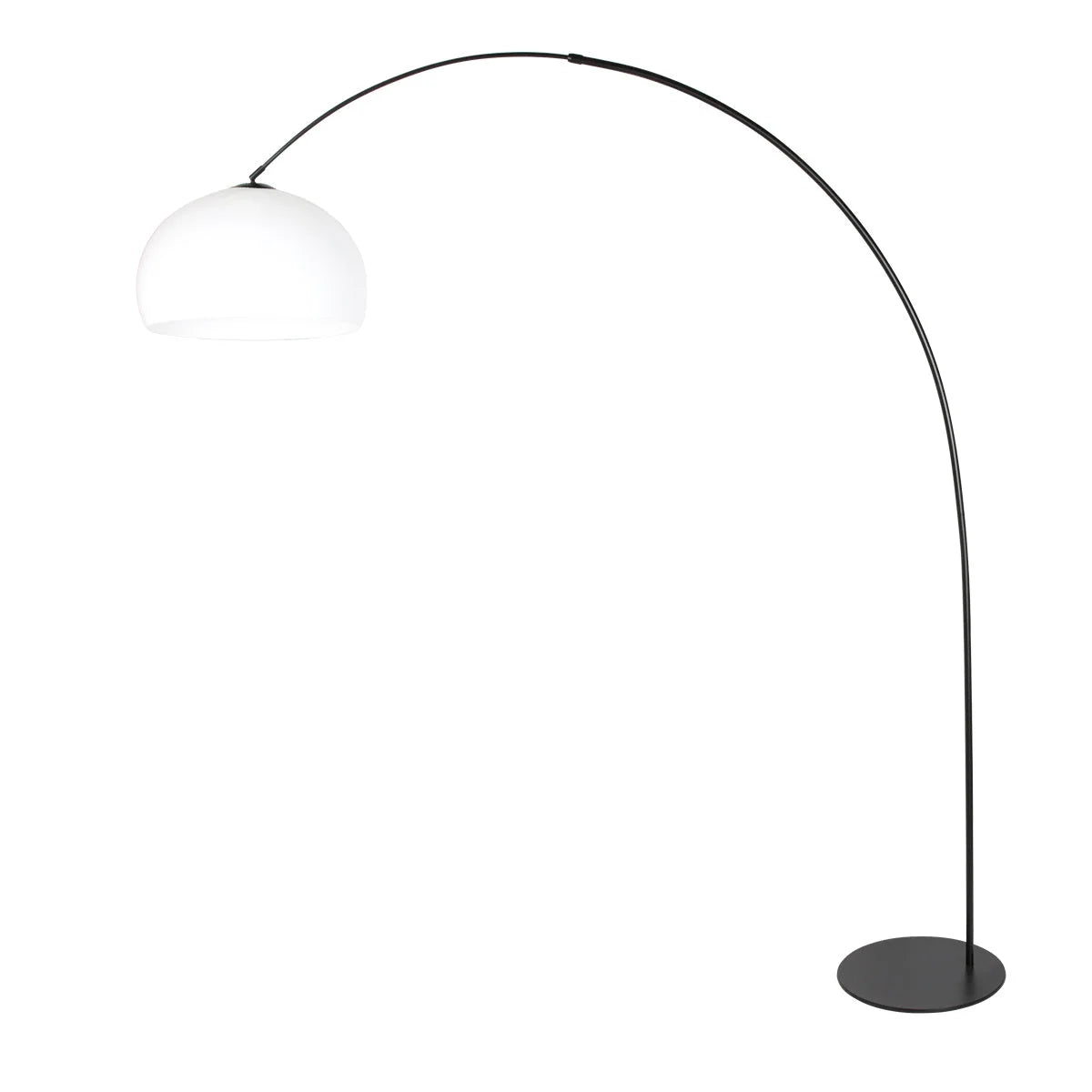 Lampadaire arqué noir avec abat-jour rond blanc en plastique, hauteur 210 cm