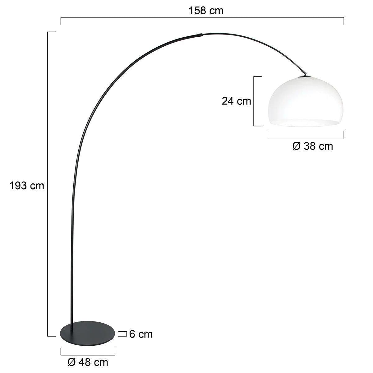 Lampadaire arc noir avec abat-jour rond blanc en plastique, hauteur H210 cm