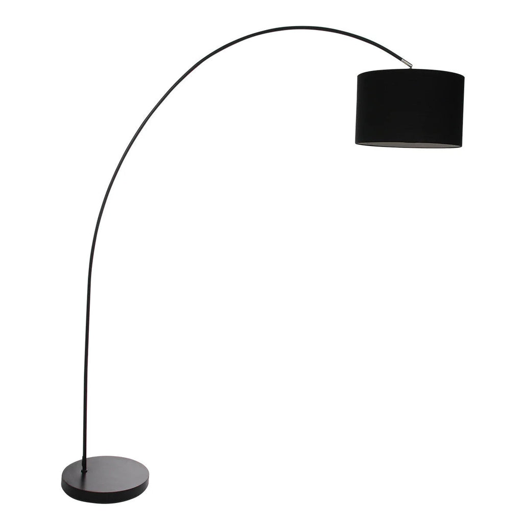 Lampadaire arc noir avec abat-jour en tissu cylindrique, hauteur 185 cm