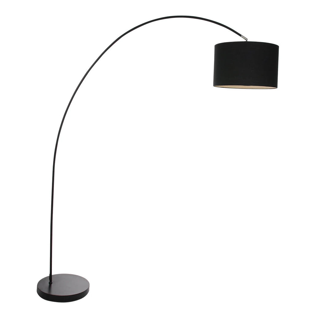 Lampadaire arc noir avec abat-jour en tissu cylindrique, hauteur 185 cm
