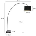 Lampadaire arc noir avec abat-jour tissu cylindrique et base ovale, hauteur 185 cm