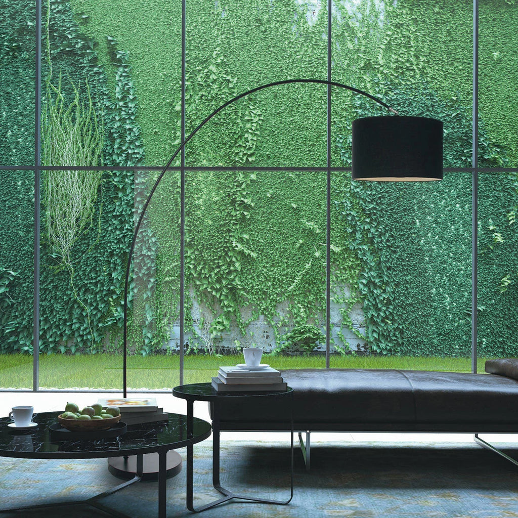 Lampadaire arc noir avec abat-jour en tissu cylindrique, hauteur 185 cm