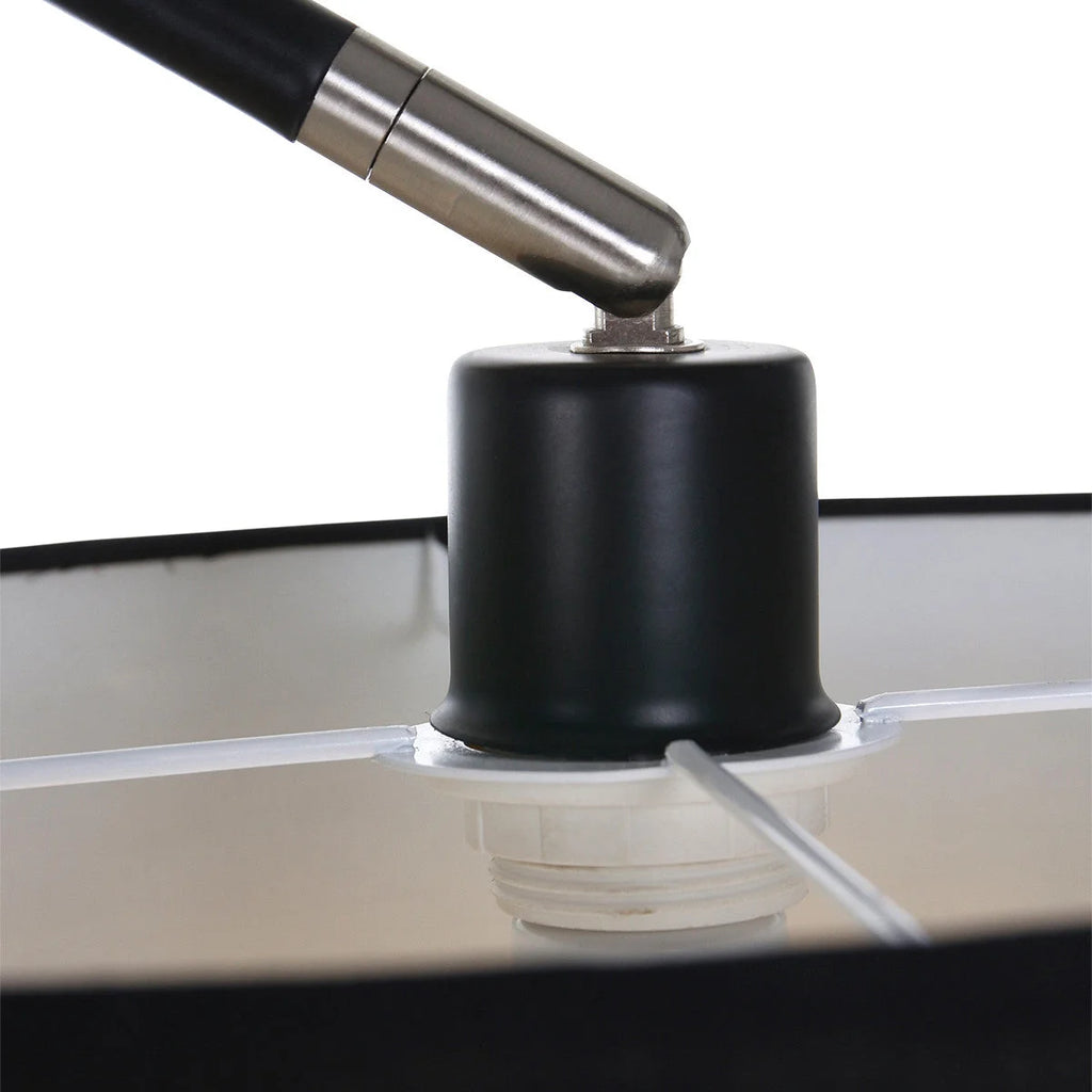 Lampe d’arc noire avec abat-jour en tissu cylindrique et douille blanche