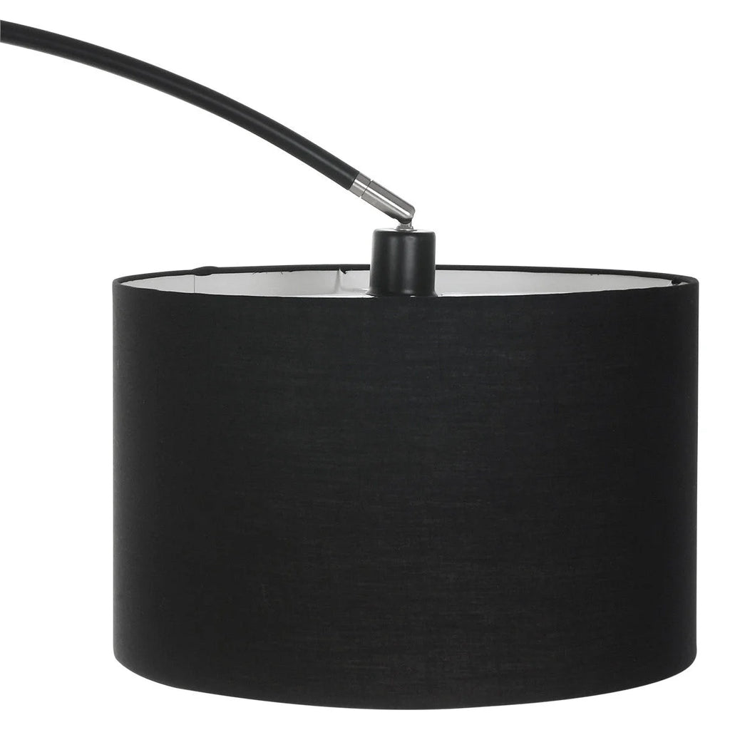 Abat-jour cylindrique en tissu noir pour lampadaire arc avec bras métallique courbé