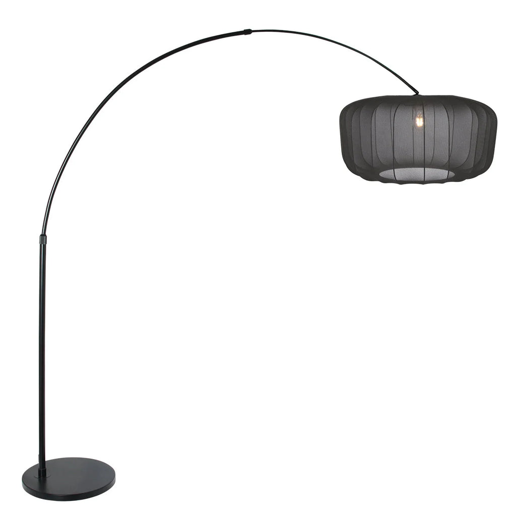 Lampadaire arc noir mat en métal avec abat-jour plissé fumé gris, H180 cm