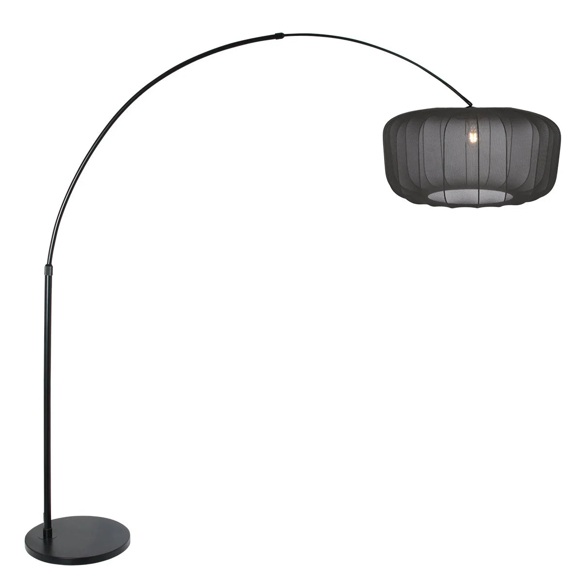Lampadaire arc noir mat en métal avec abat-jour plissé fumé gris, H180 cm