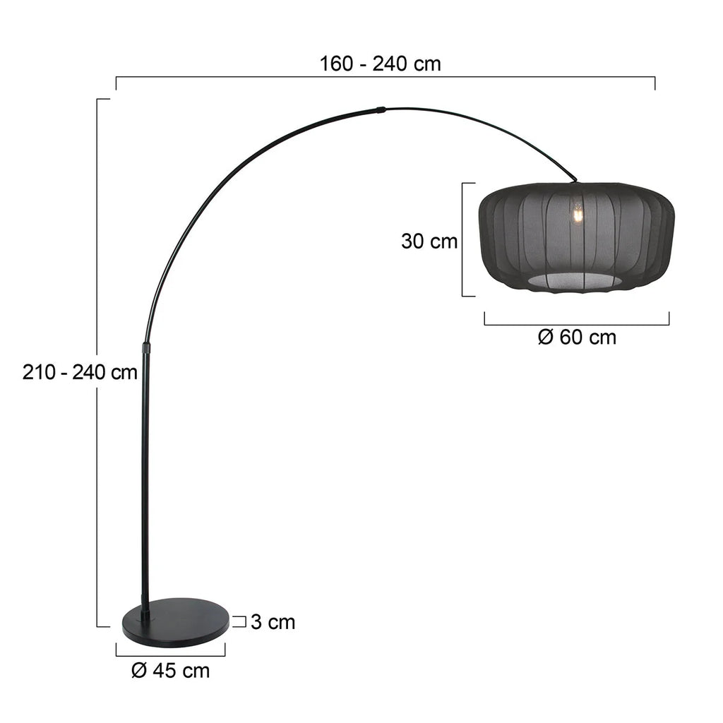 Lampadaire arc noir mat en métal avec abat-jour plissé fumé H180 cm