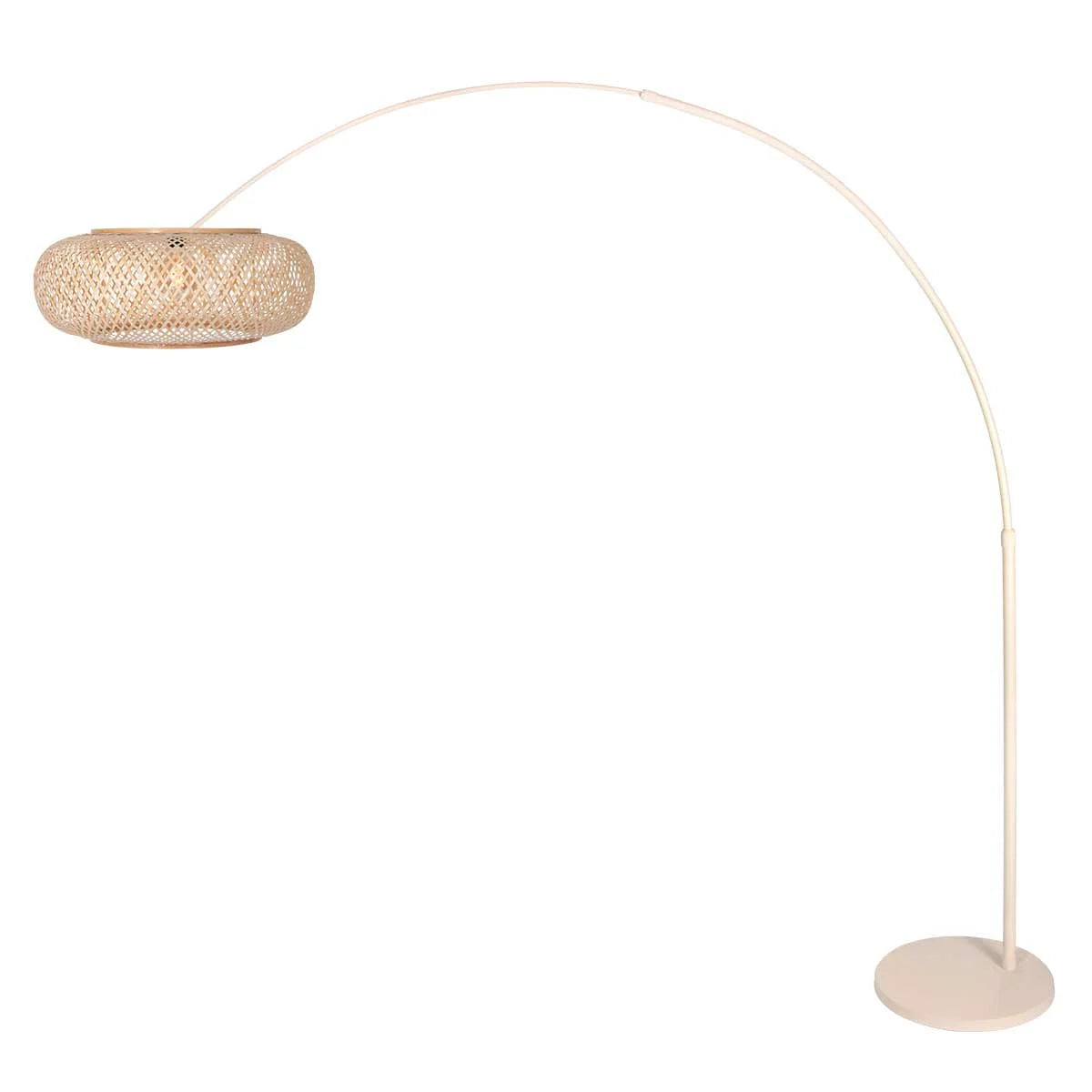 Lampadaire arc en rotin tressé crème avec abat-jour rond, hauteur 240 cm