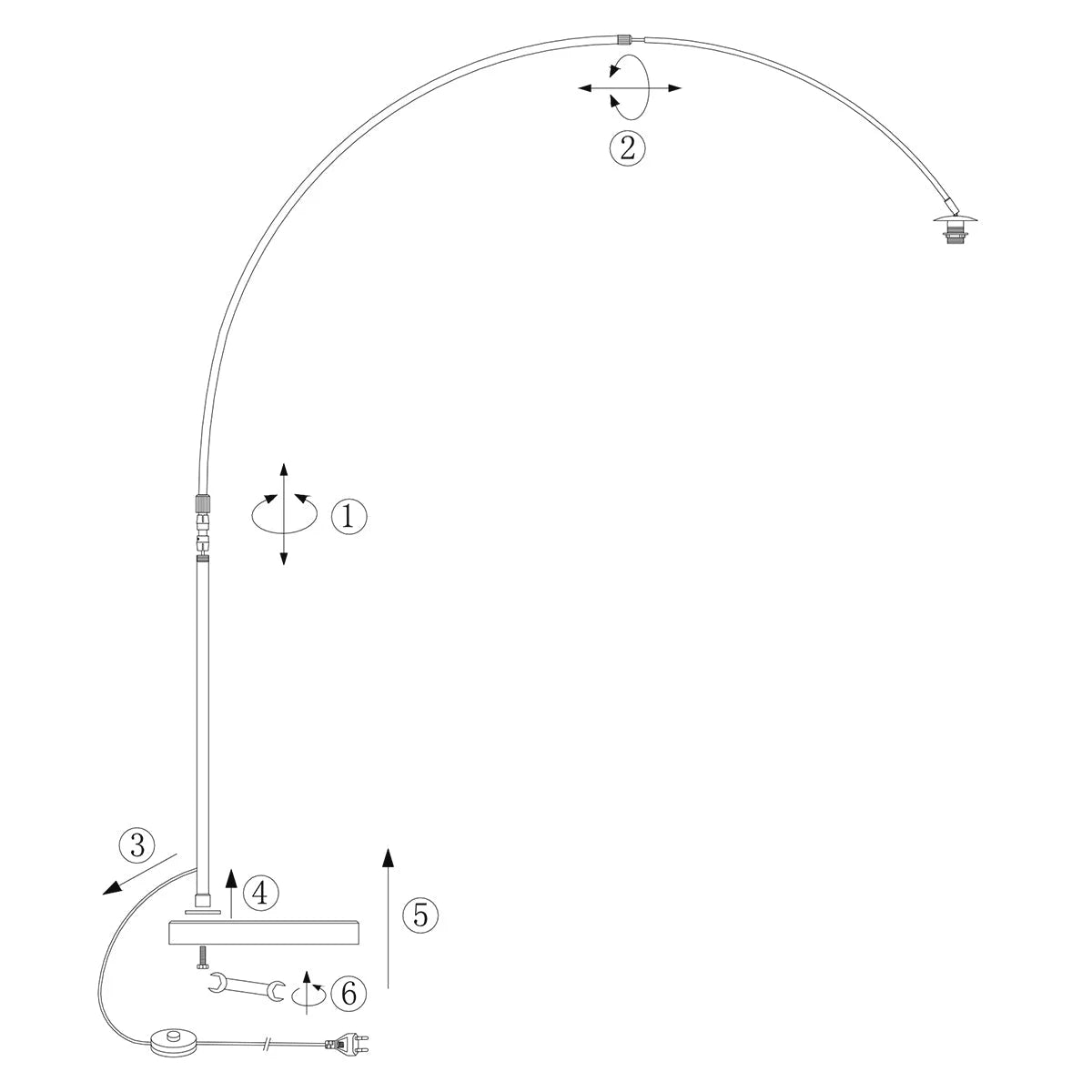 Diagramme d’assemblage du lampadaire arc en rotin tressé crème avec abat-jour rond