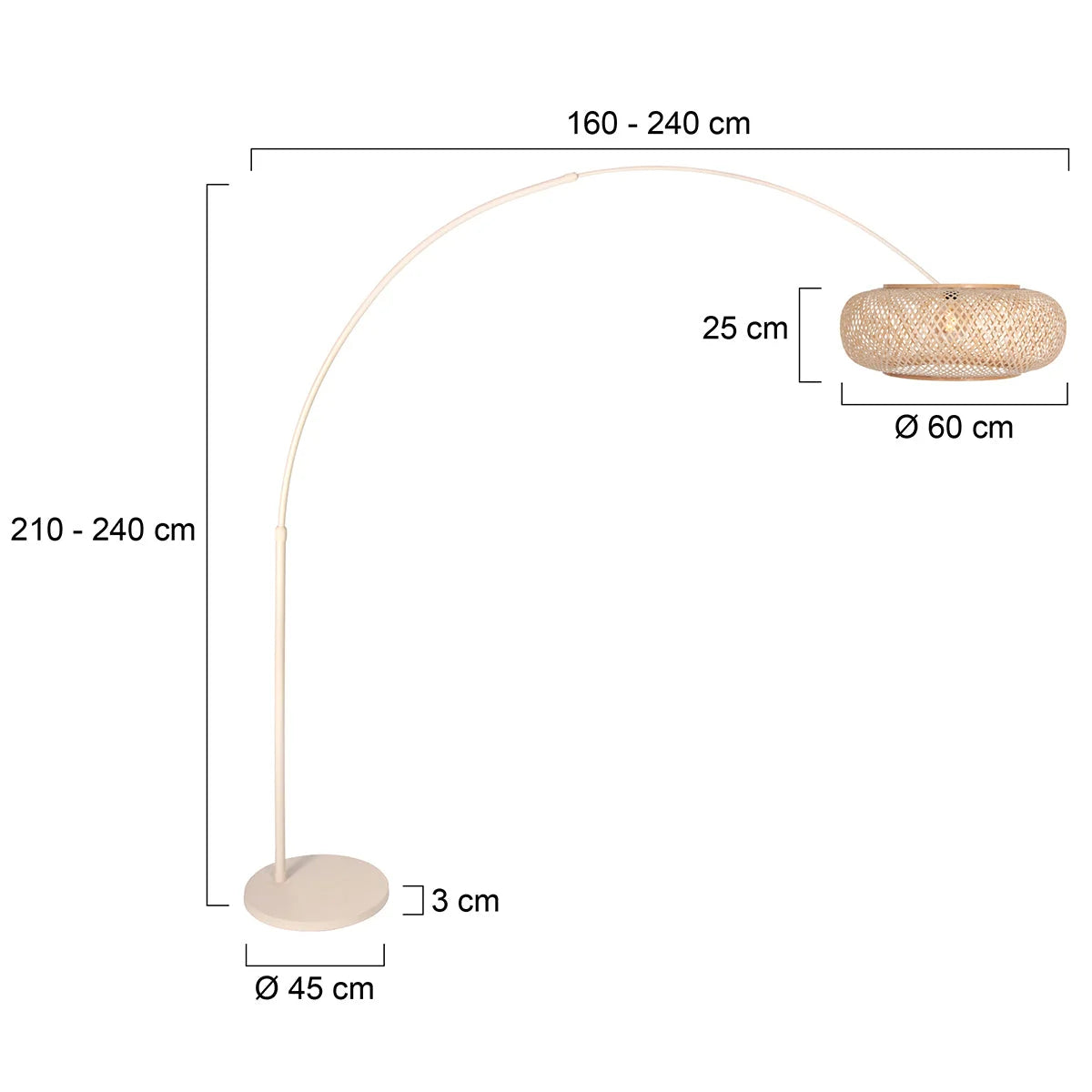 Lampadaire arc en rotin tressé crème avec abat-jour rond, H240 cm, dimensions détaillées