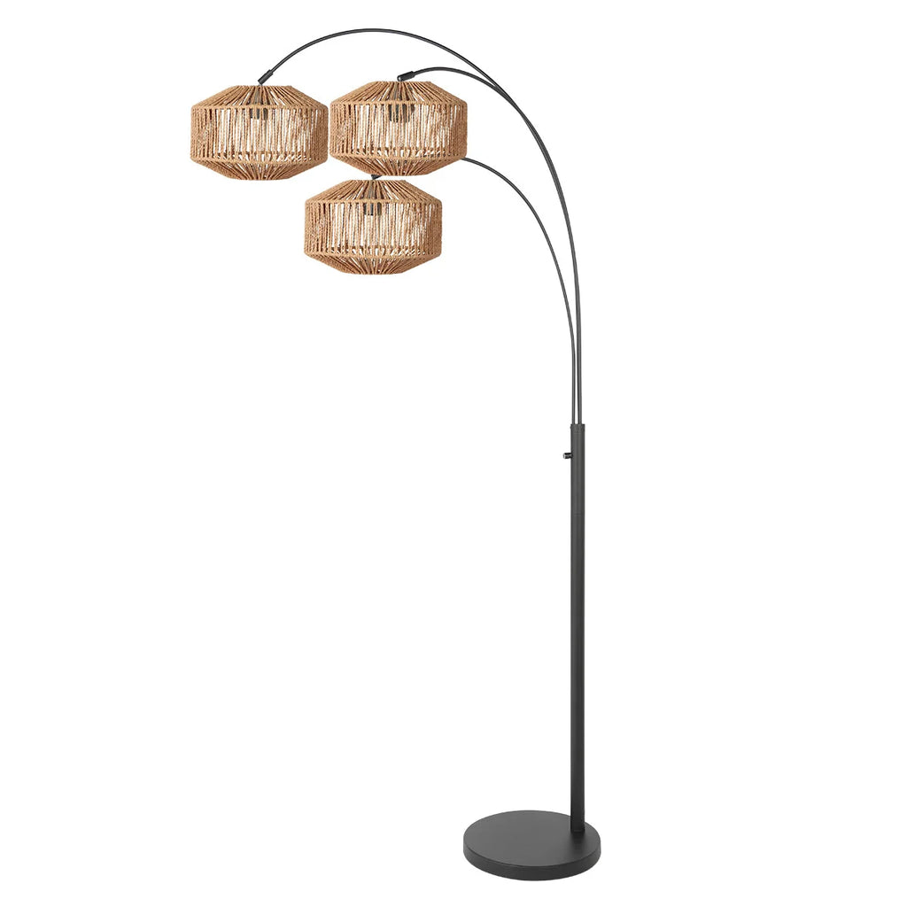 Lampadaire arqué 3 bras métal noir abat-jour rattan tressé