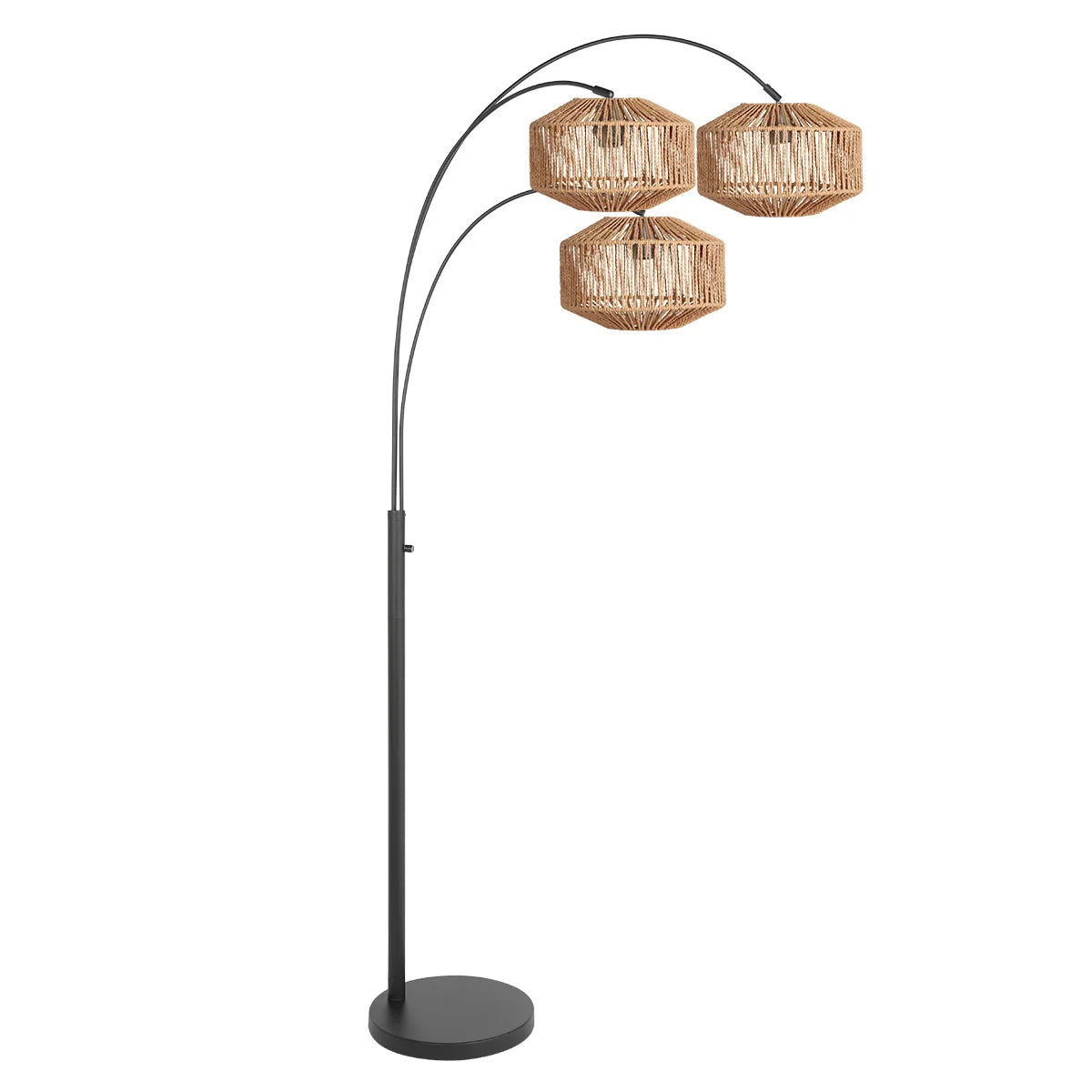 Lampadaire arqué 3 bras métal noir abat-jour rattan tressé