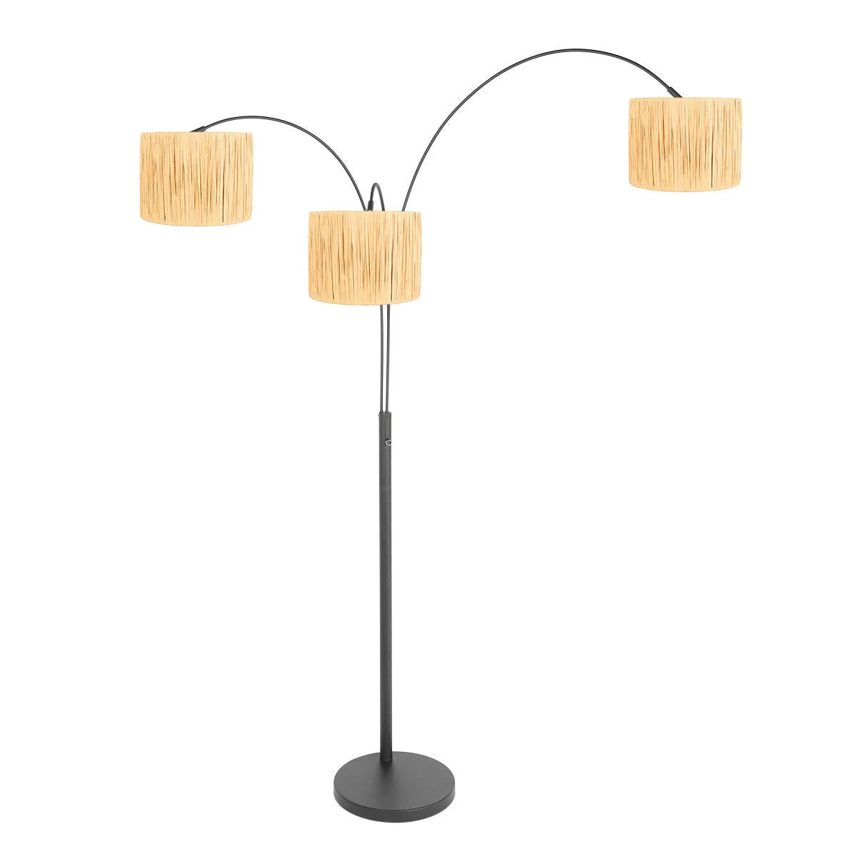 Lampadaire arqué 3 lumières en métal noir et fibres naturelles avec abat-jours texturés