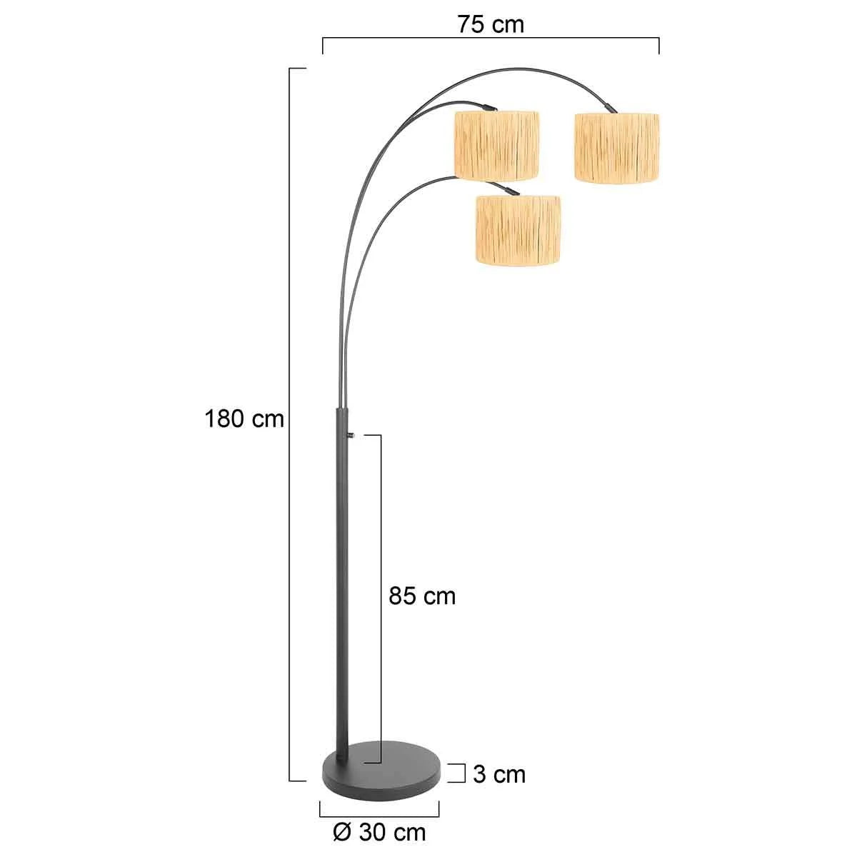 Lampadaire arqué 3 lumières en métal noir avec abat-jours en tissu naturel