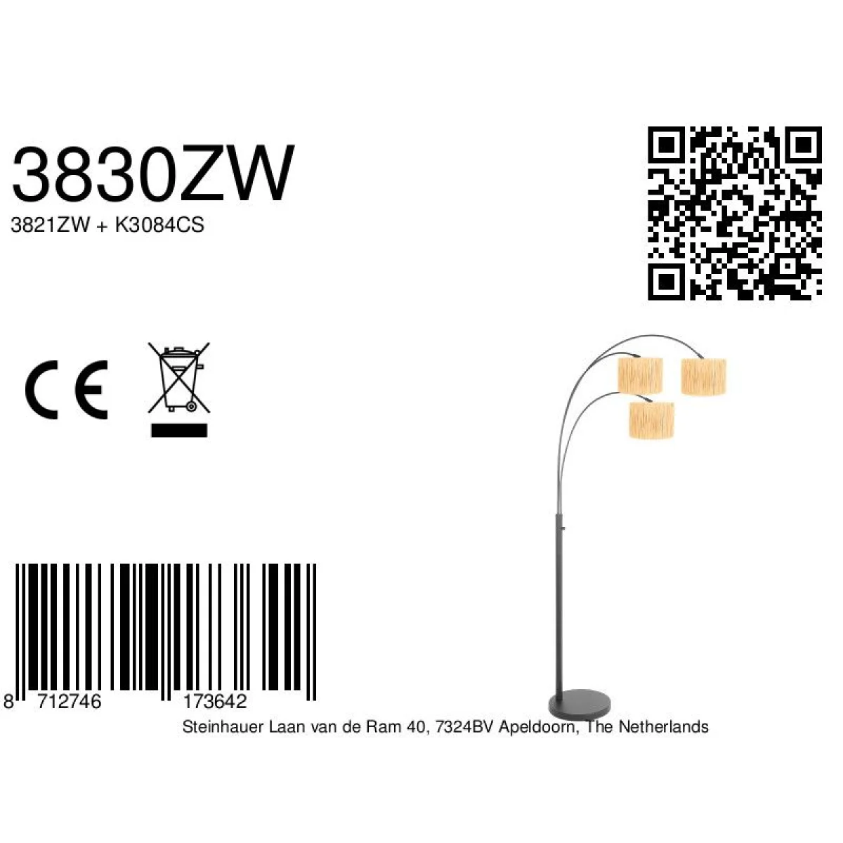 Lampadaire arqué 3 lumières en métal noir avec abat-jour en fibres naturelles