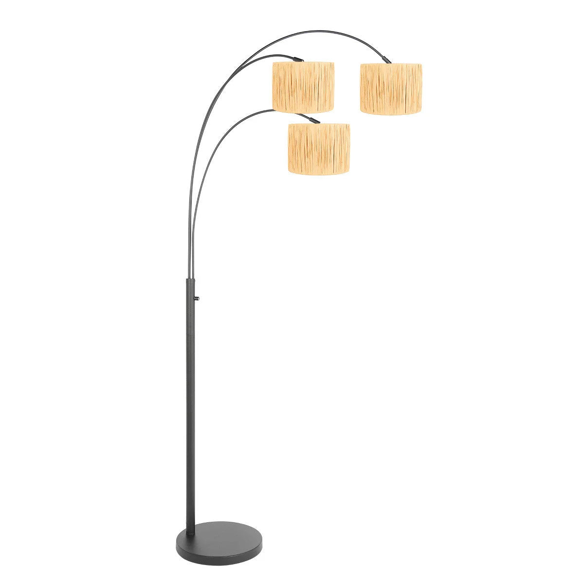 Lampadaire arqué 3 lumières en métal noir avec abat-jours en fibres naturelles
