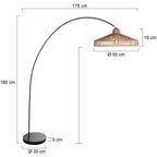 Lampe arqué en métal noir avec abat-jour en corde tressée ajourée, H185 cm