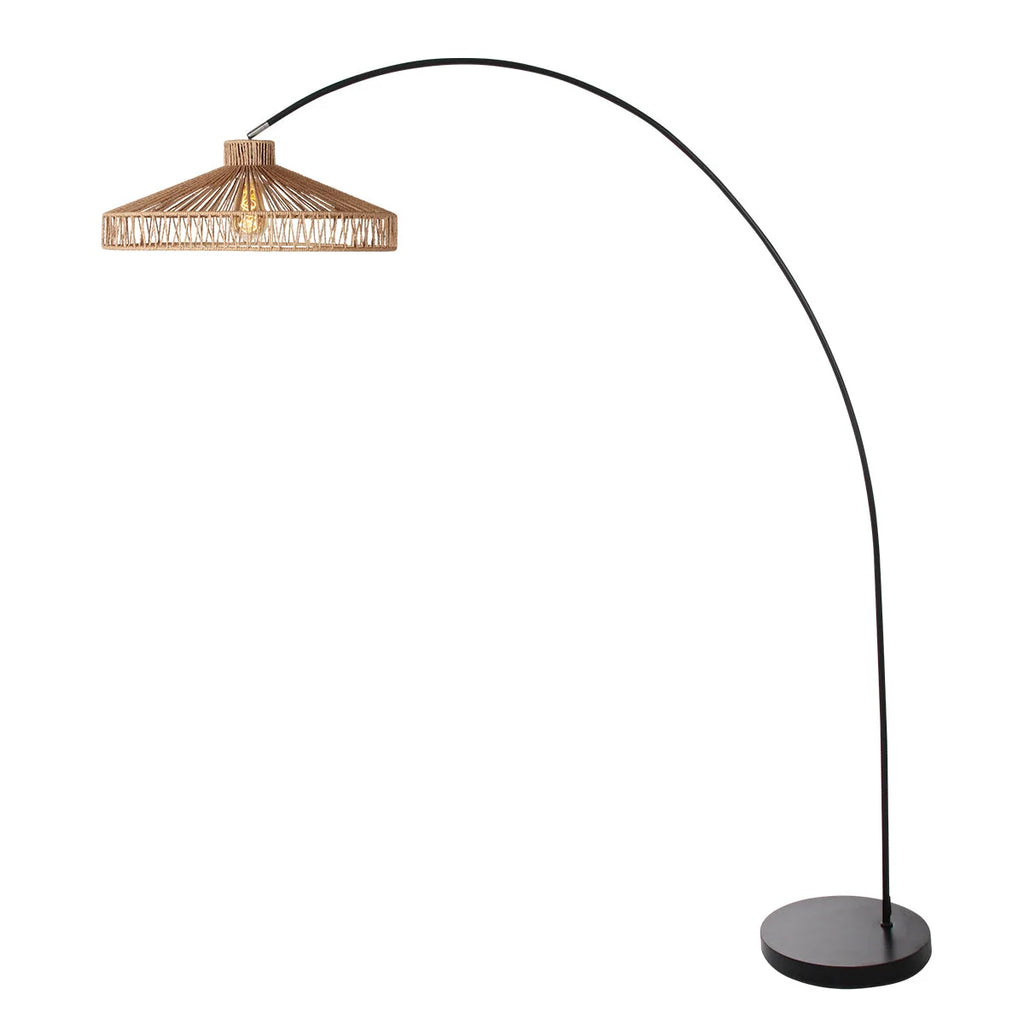 Lampe arqué en métal noir avec abat-jour en corde tressée ajourée, H185 cm