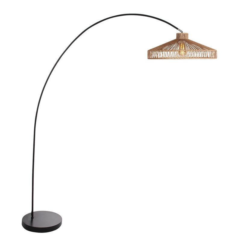 Lampadaire arqué métal noir abat-jour corde tressée ajourée – H185 cm