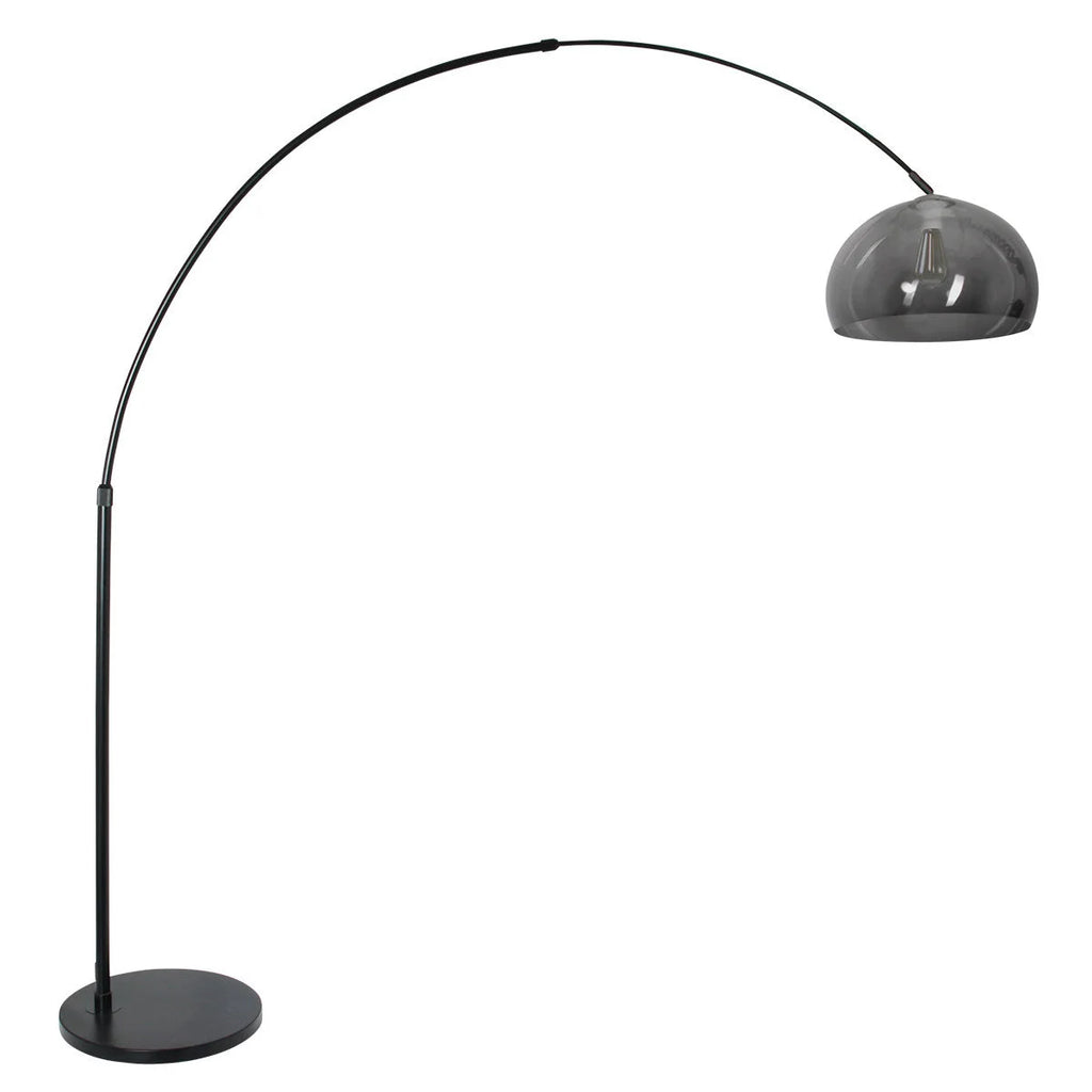 Lampadaire arqué en métal noir avec abat-jour en verre fumé, hauteur 230 cm