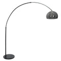 Lampadaire arqué en métal noir avec abat-jour en verre fumé, hauteur 230 cm