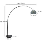 Lampadaire arqué en métal noir avec abat-jour en verre fumé, hauteur 230 cm