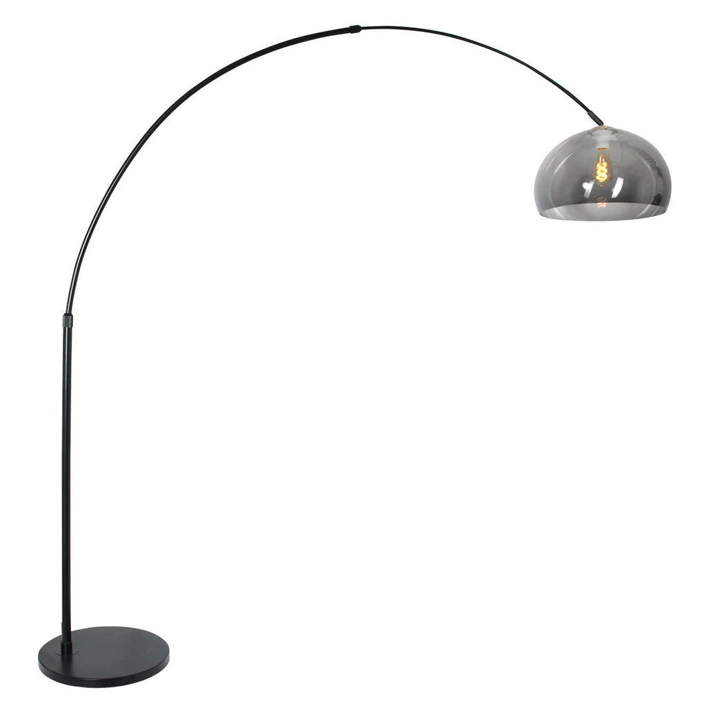 Lampadaire arqué en métal noir avec abat-jour en verre fumé H230 cm