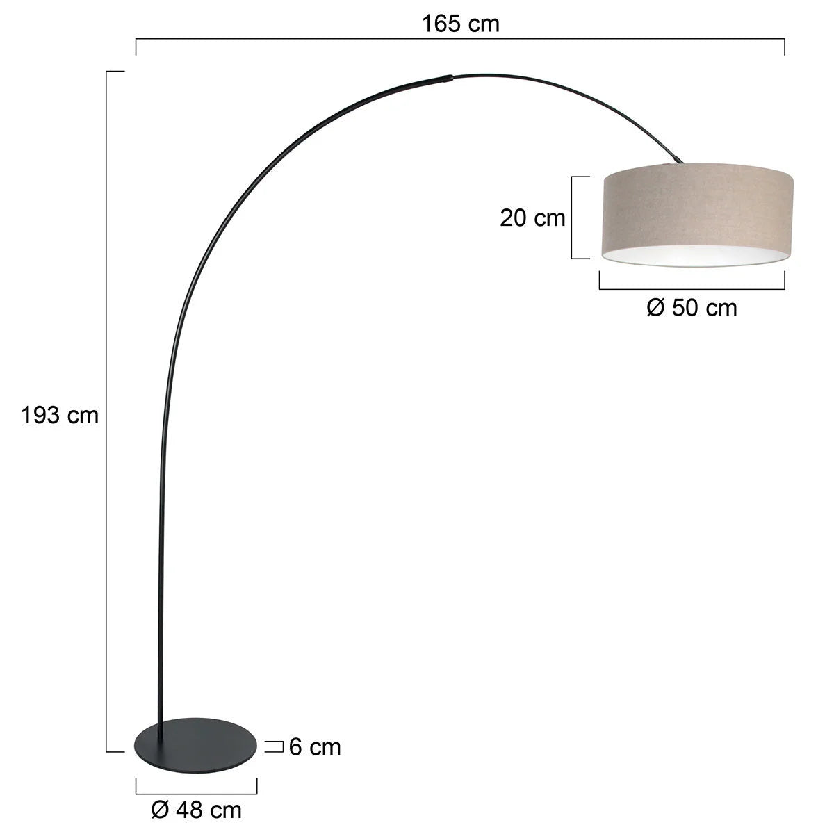 Lampadaire arqué en métal noir avec abat-jour lin beige cylindrique H193 cm