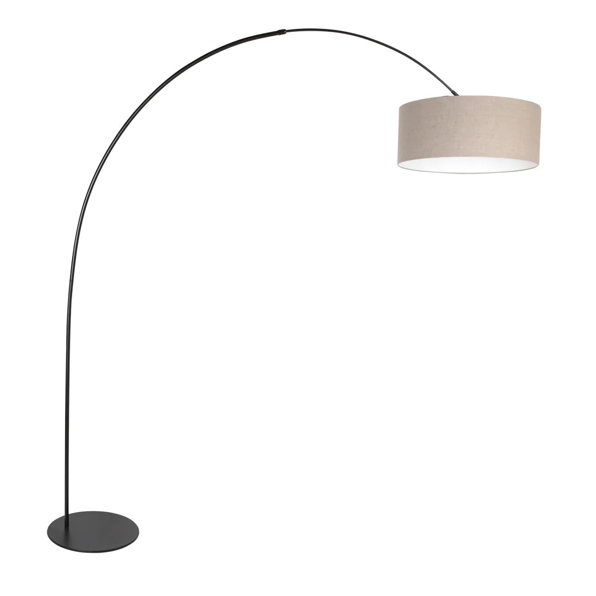 Lampadaire arqué en métal noir avec abat-jour cylindrique beige H193 cm