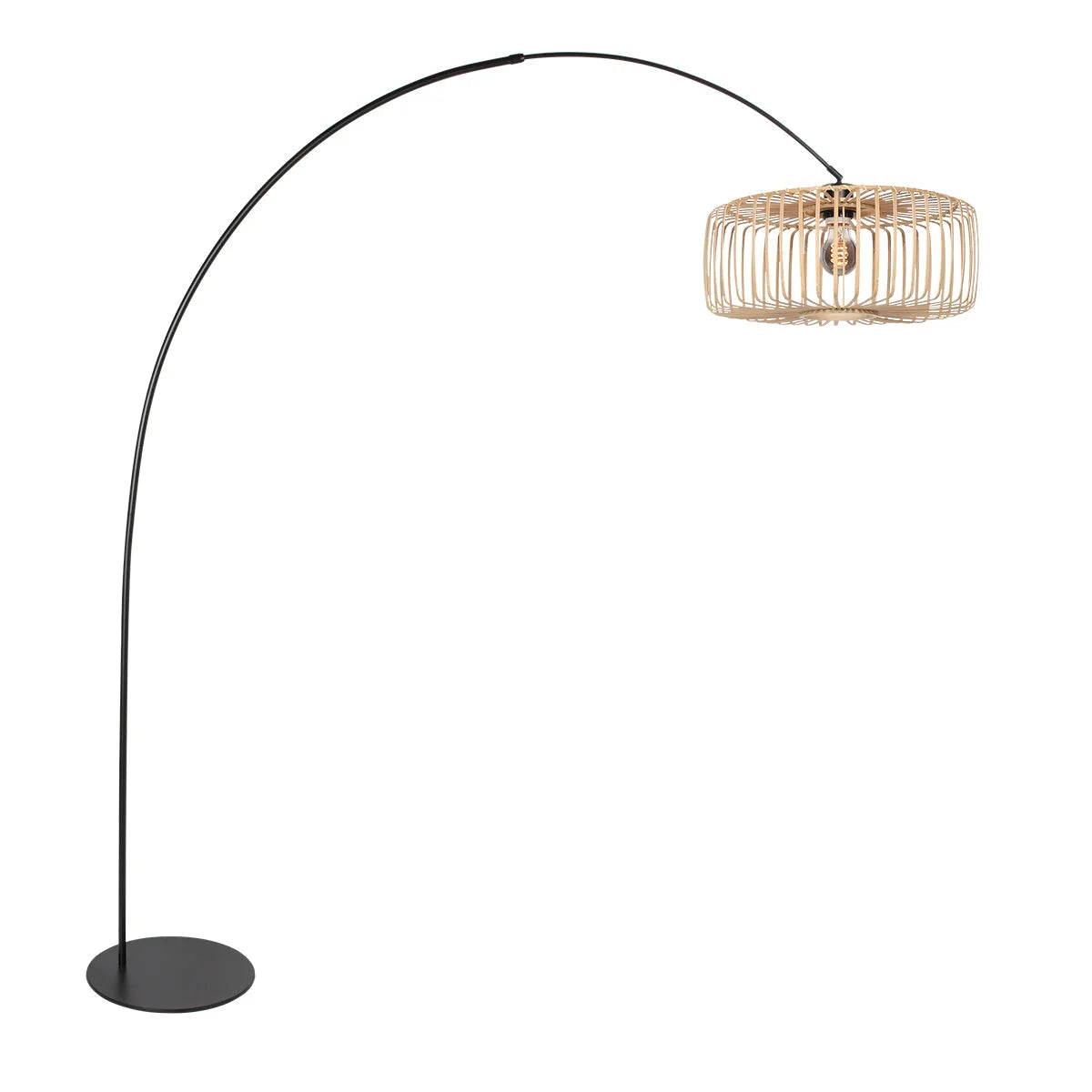 Lampadaire arqué avec abat-jour en rotin naturel et cadre en métal noir, H193 cm
