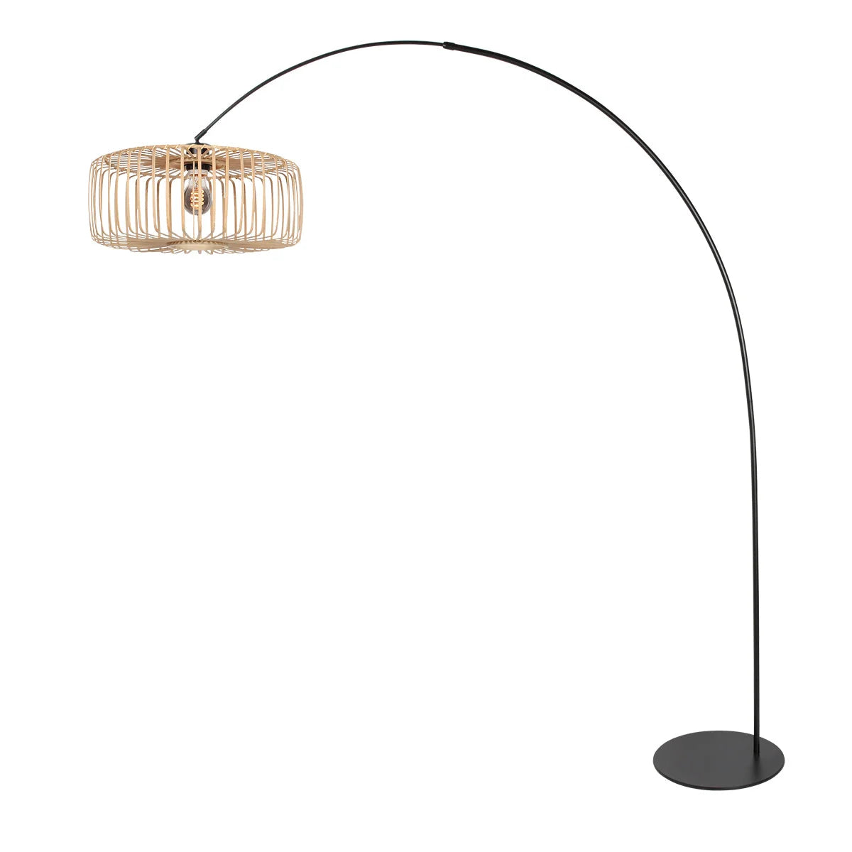 Lampadaire arqué en métal noir avec abat-jour rotin naturel, hauteur H193 cm