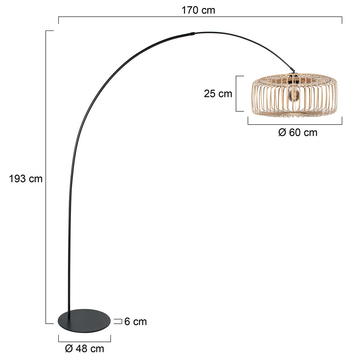 Lampadaire arqué en métal noir avec abat-jour rotin naturel, hauteur H193 cm