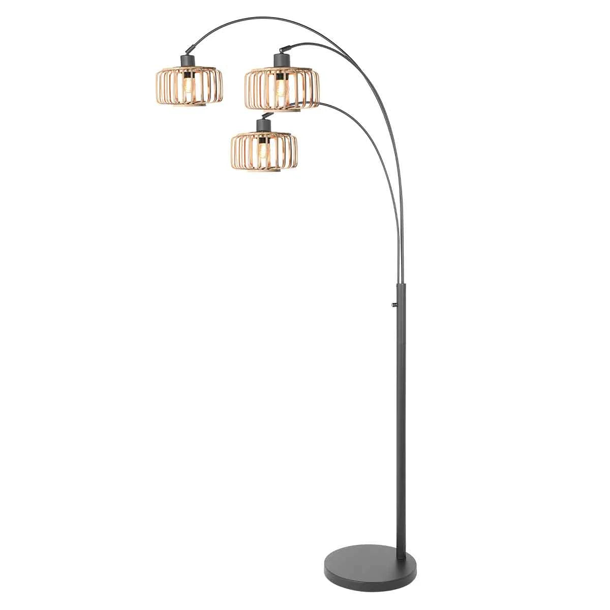 Lampadaire arqué en métal noir avec trois abat-jours en verre ribbed, hauteur H200 cm