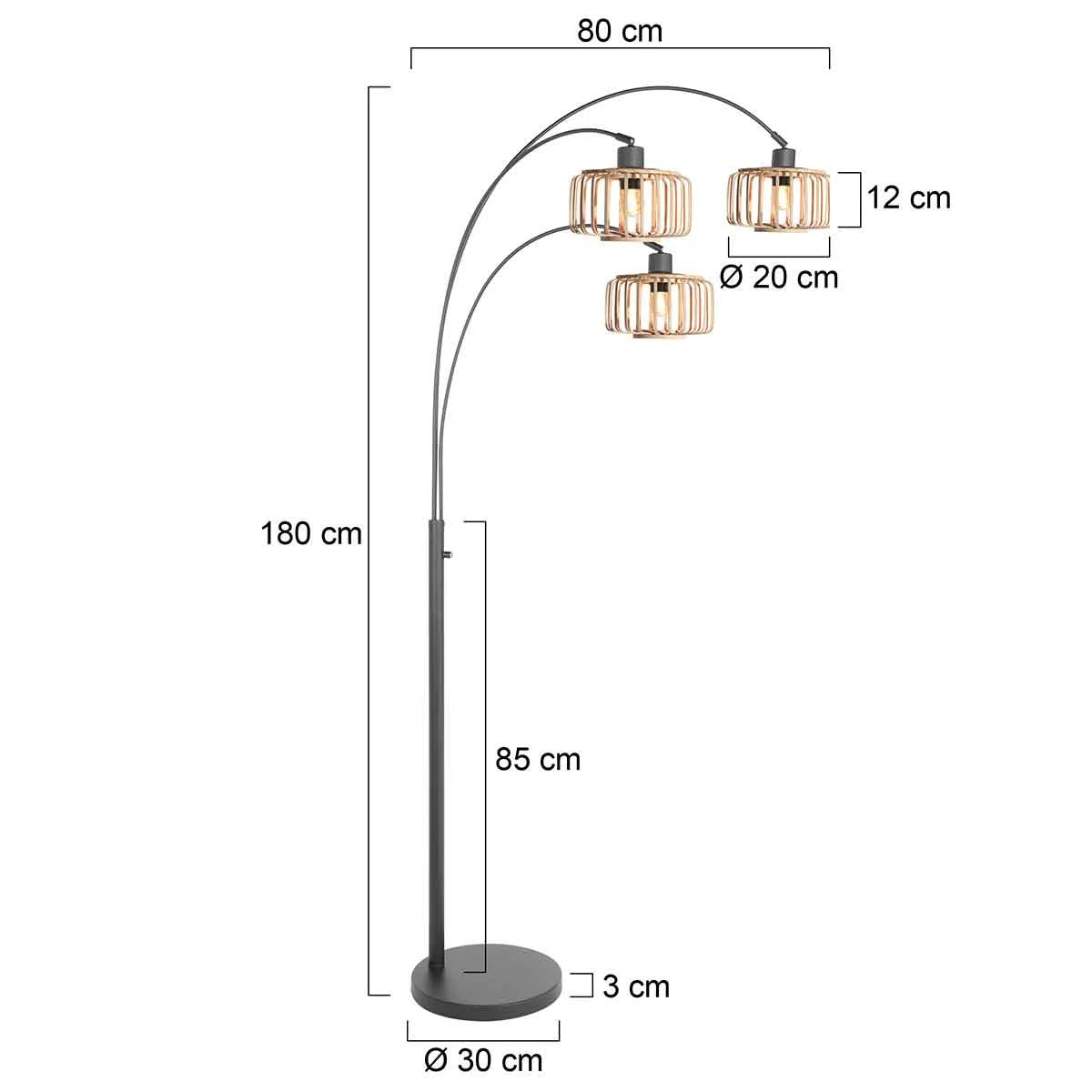 Lampadaire arqué en métal noir avec abat-jours en bois clair et détails dimensions