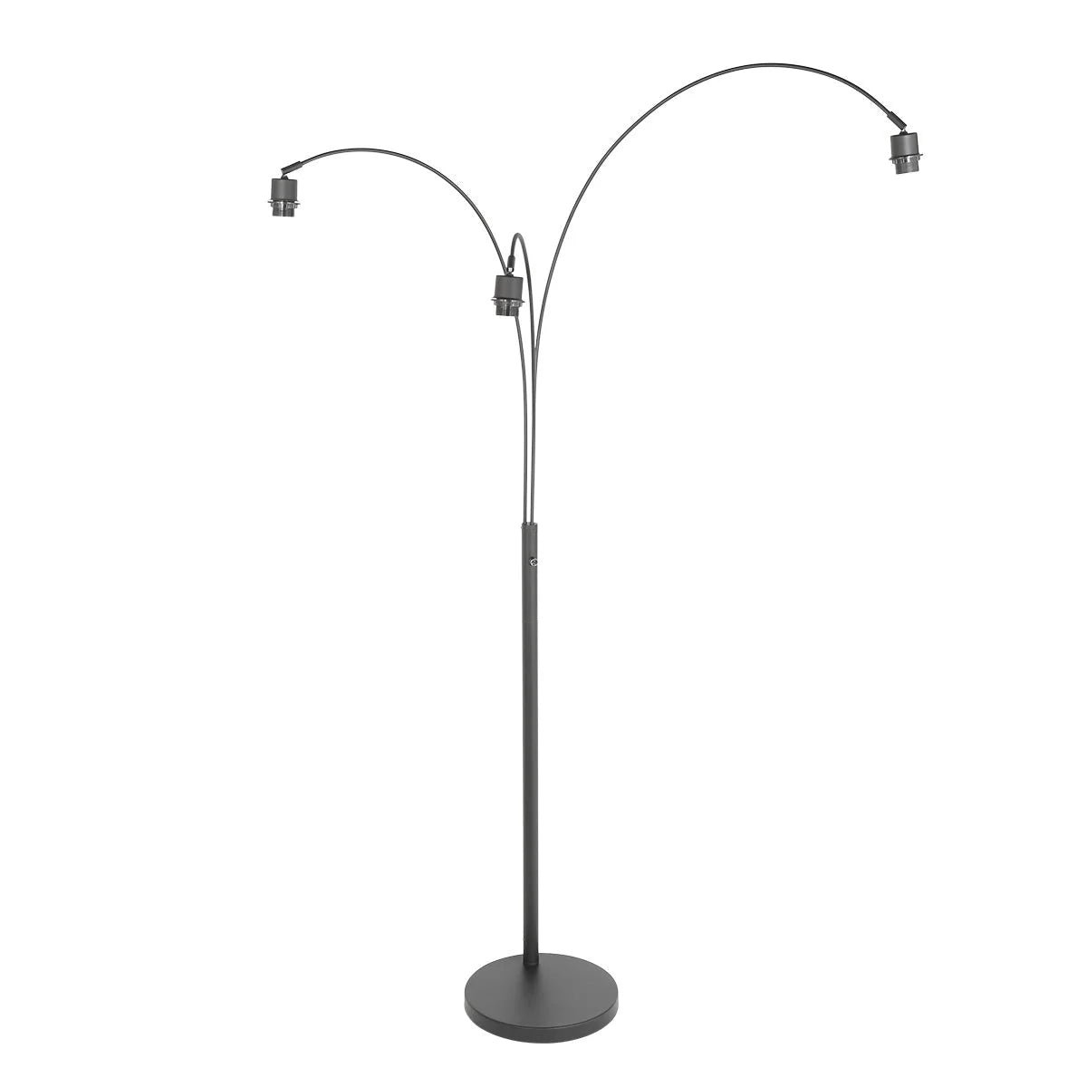 Lampadaire arqué en métal noir avec deux arches et abat-jours en bois clair