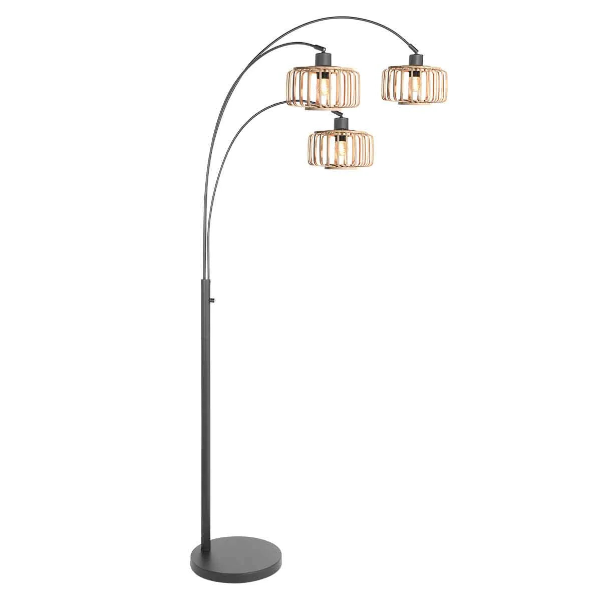 Lampadaire arqué en métal noir avec abat-jours en bois clair et trois bras arqués