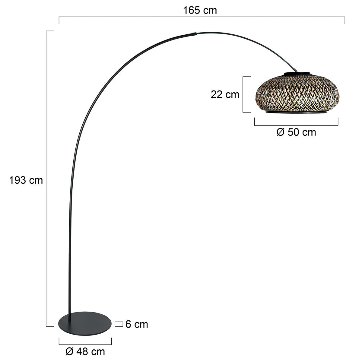 Lampadaire arqué noir avec abat-jour en rotin tressé naturel H193 cm