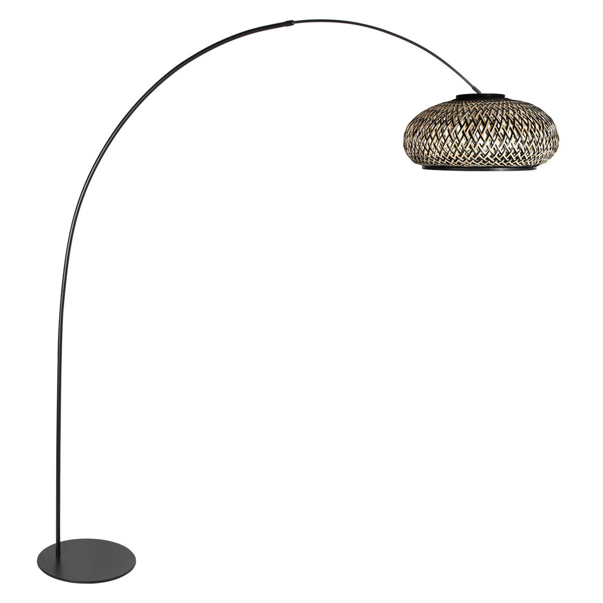 Lampadaire arqué noir avec abat-jour en rotin tressé naturel de 193 cm