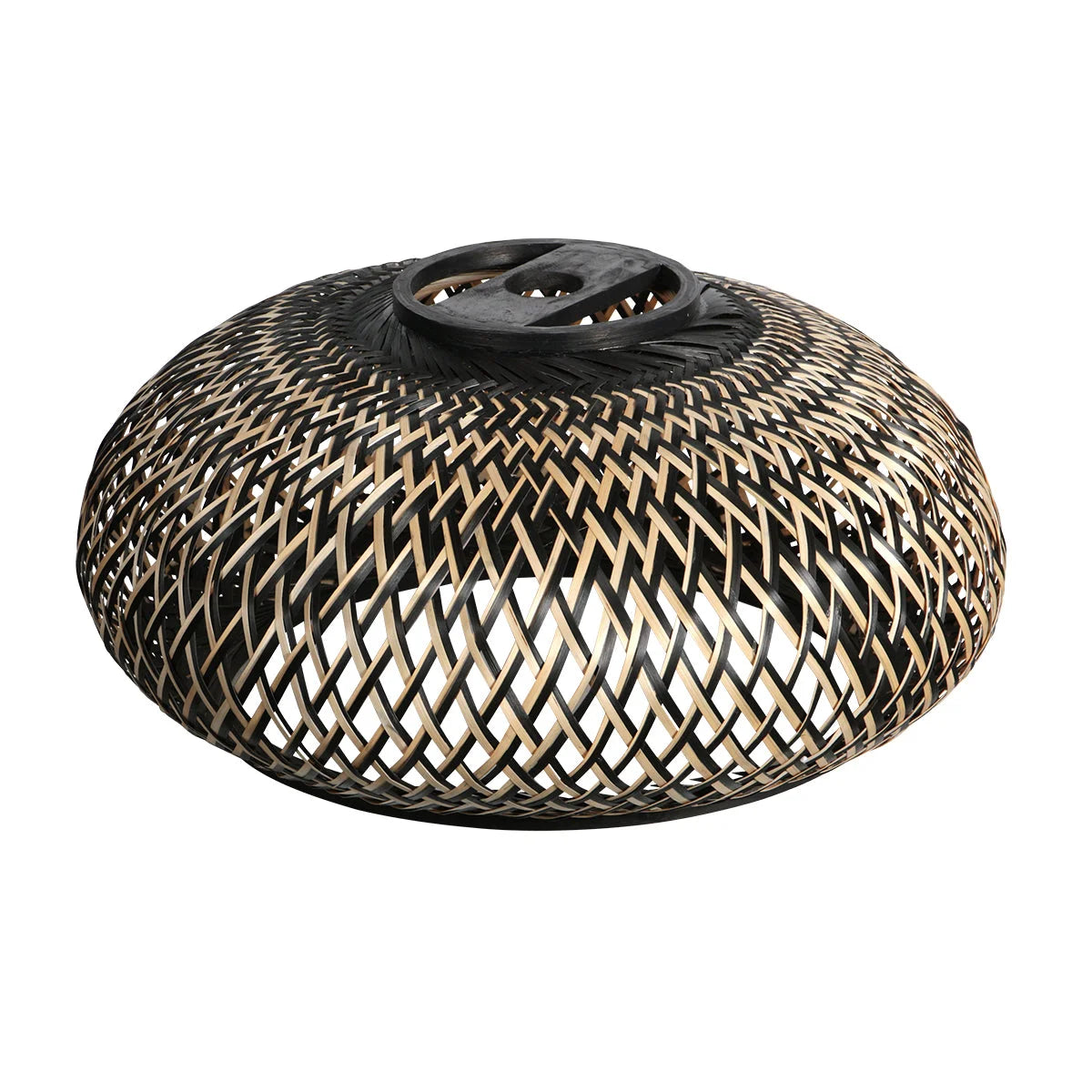 Panier tressé noir et tan en osier pour lampadaire arqué avec abat-jour naturel