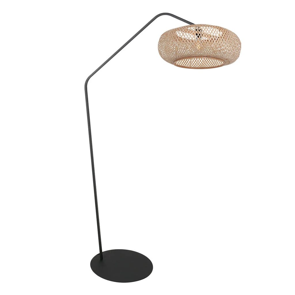 Lampadaire moderne en métal noir et rotin ajouré H175 cm