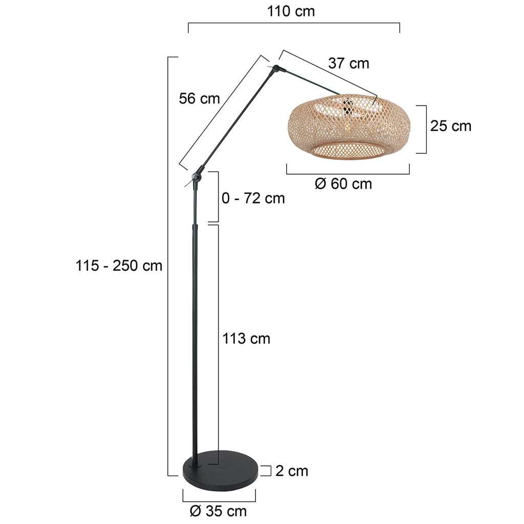 Lampadaire moderne en bambou tressé noir et naturel, H250 cm