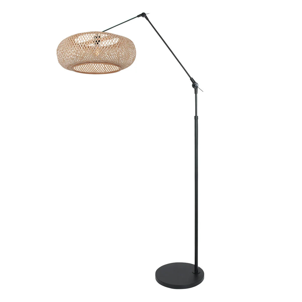 Lampe sur pied en métal noir avec abat-jour en rotin tressé naturel, H250 cm