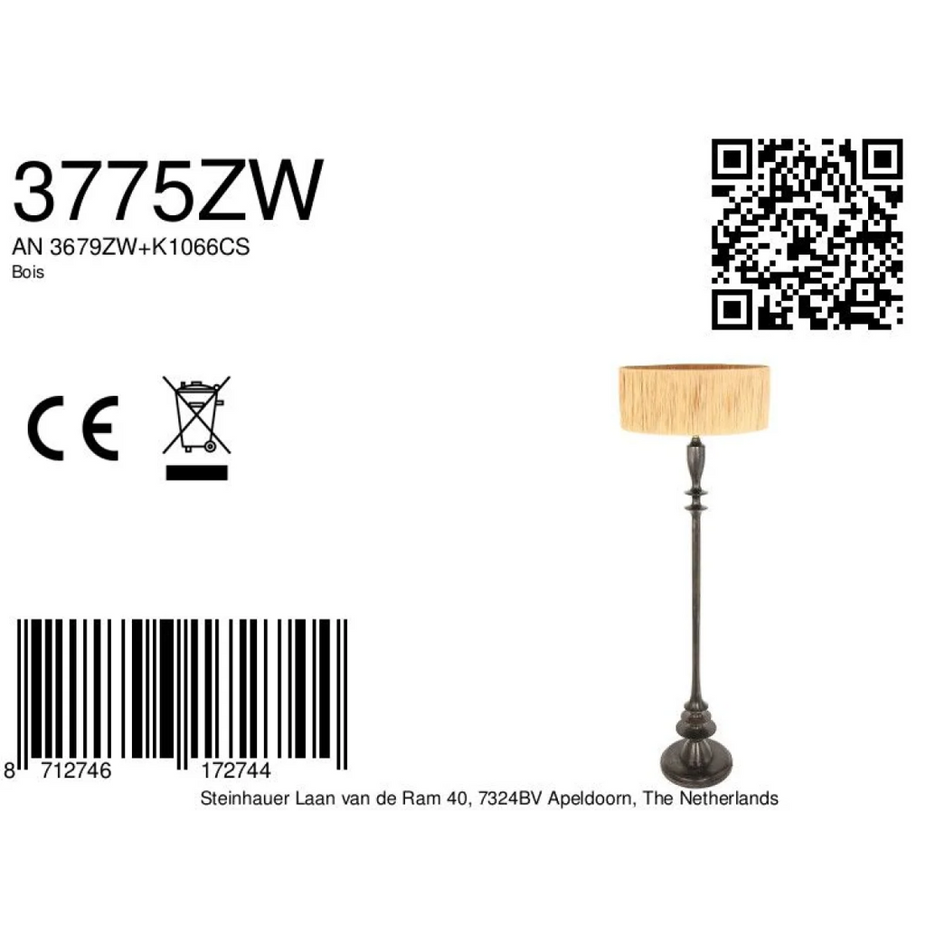 Lampadaire en bois noir avec abat-jour en raphia naturel, hauteur 143 cm