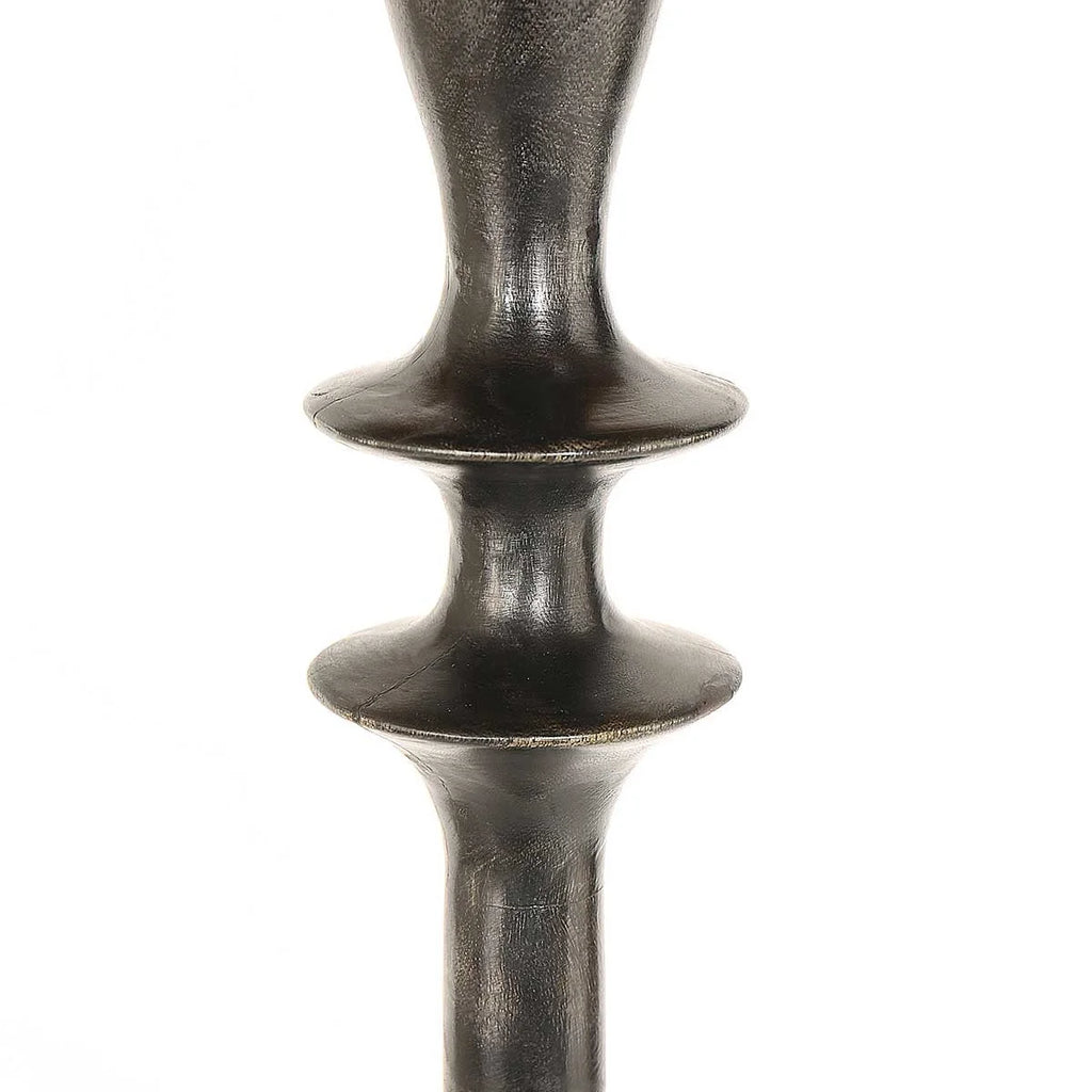 Spindle en métal foncé décoratif avec deux sections en forme de disque pour lampadaire en bois noir