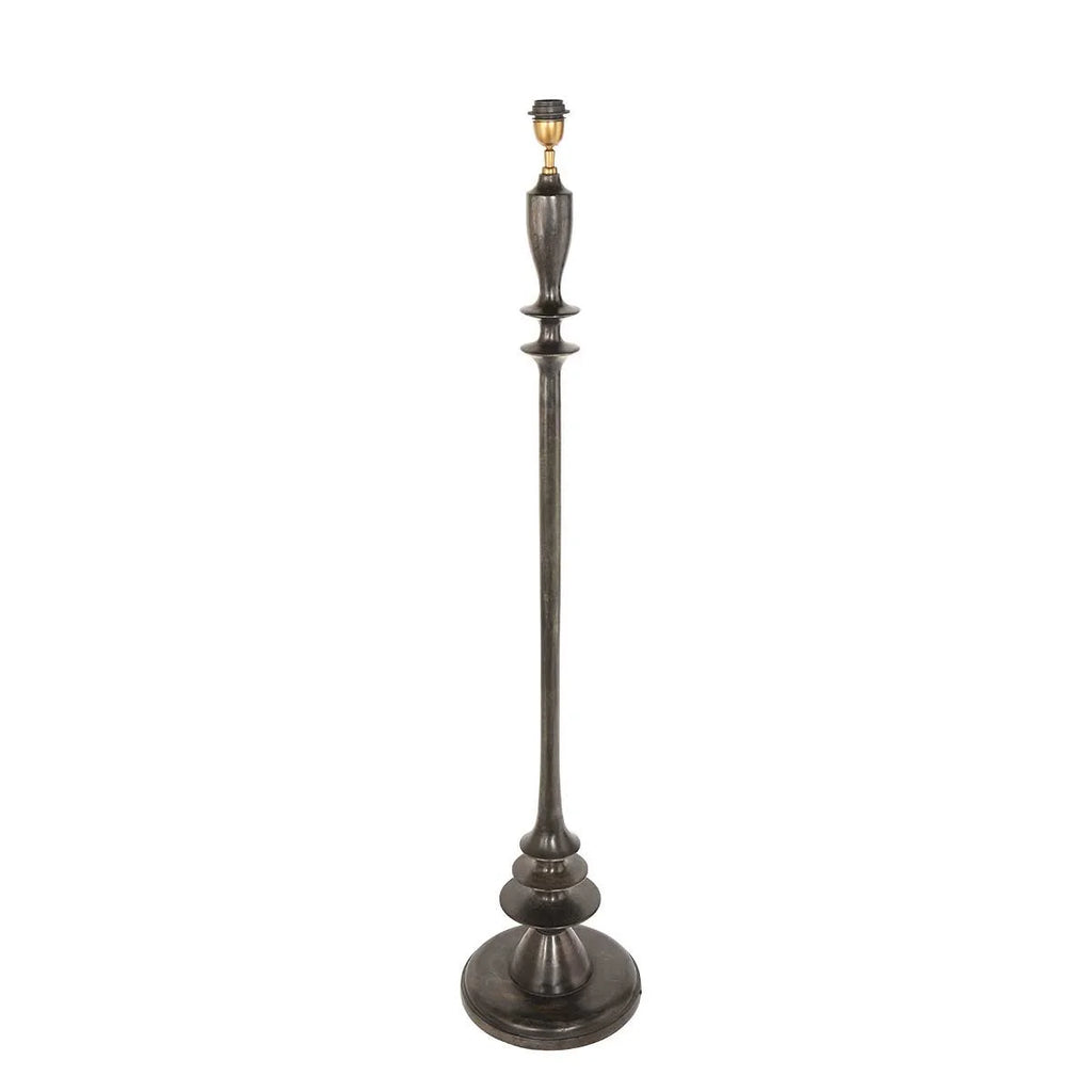 Lampadaire en bois noir avec abat-jour en raphia naturel, métal foncé, base tiercée