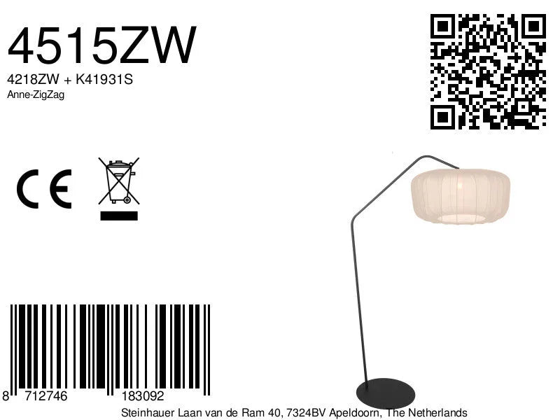 Lampe sur pied métal noir déporté, abat-jour plissé écru ovale H180 cm