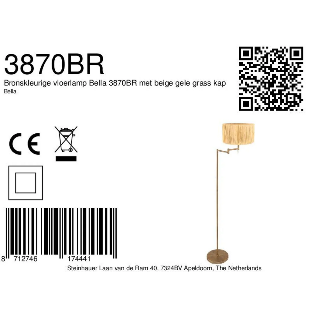 Lampadaire en laiton bronze avec bras orientable et abat-jour en raphia beige-jaune