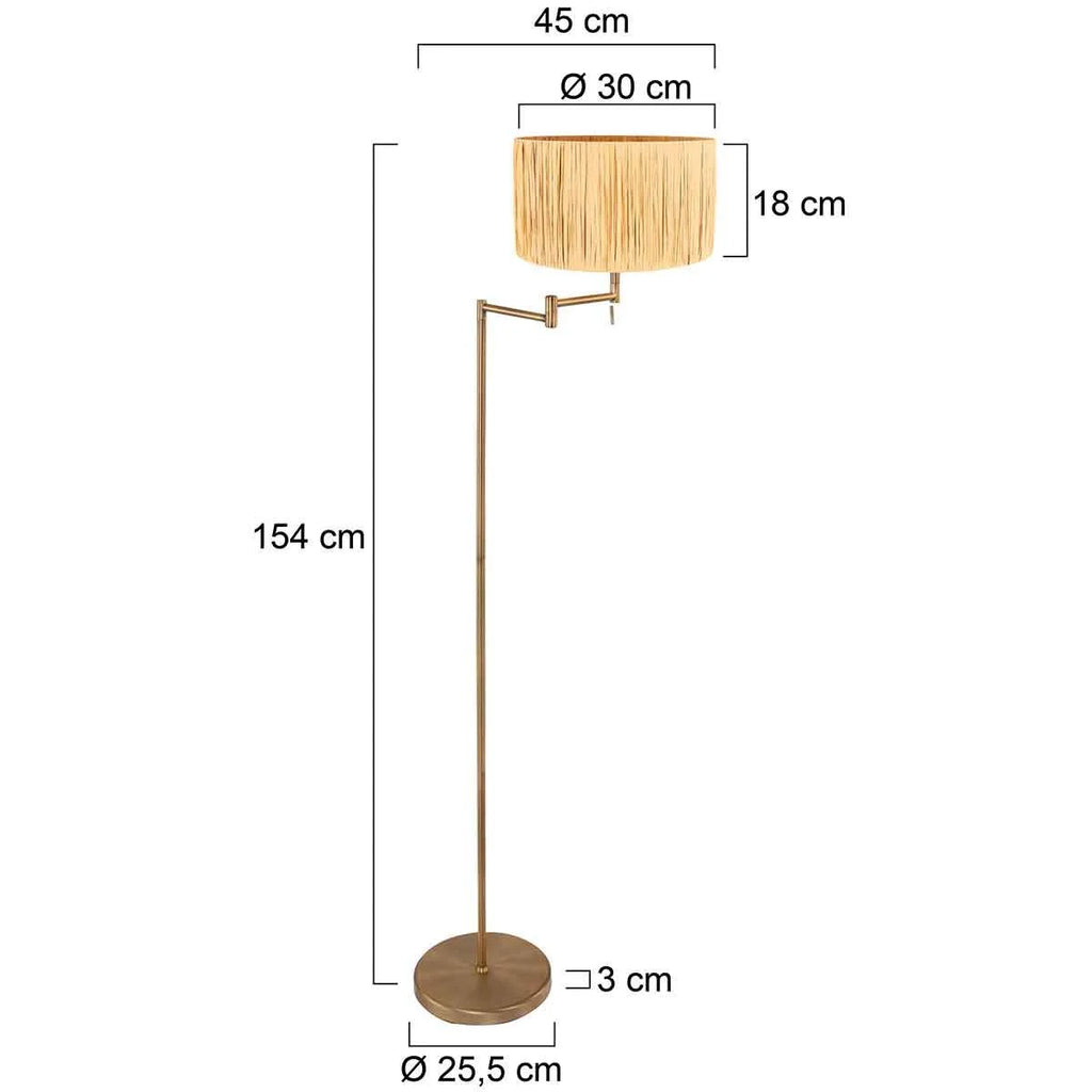 Lampadaire en laiton avec bras orientable et abat-jour en raphia, hauteur 154 cm