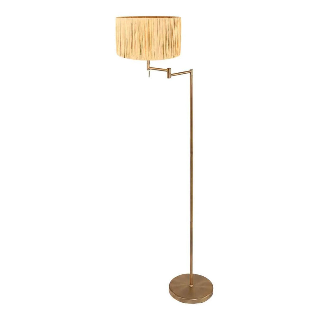 Lampadaire en laiton avec bras orientable et abat-jour en raphia, hauteur 154 cm