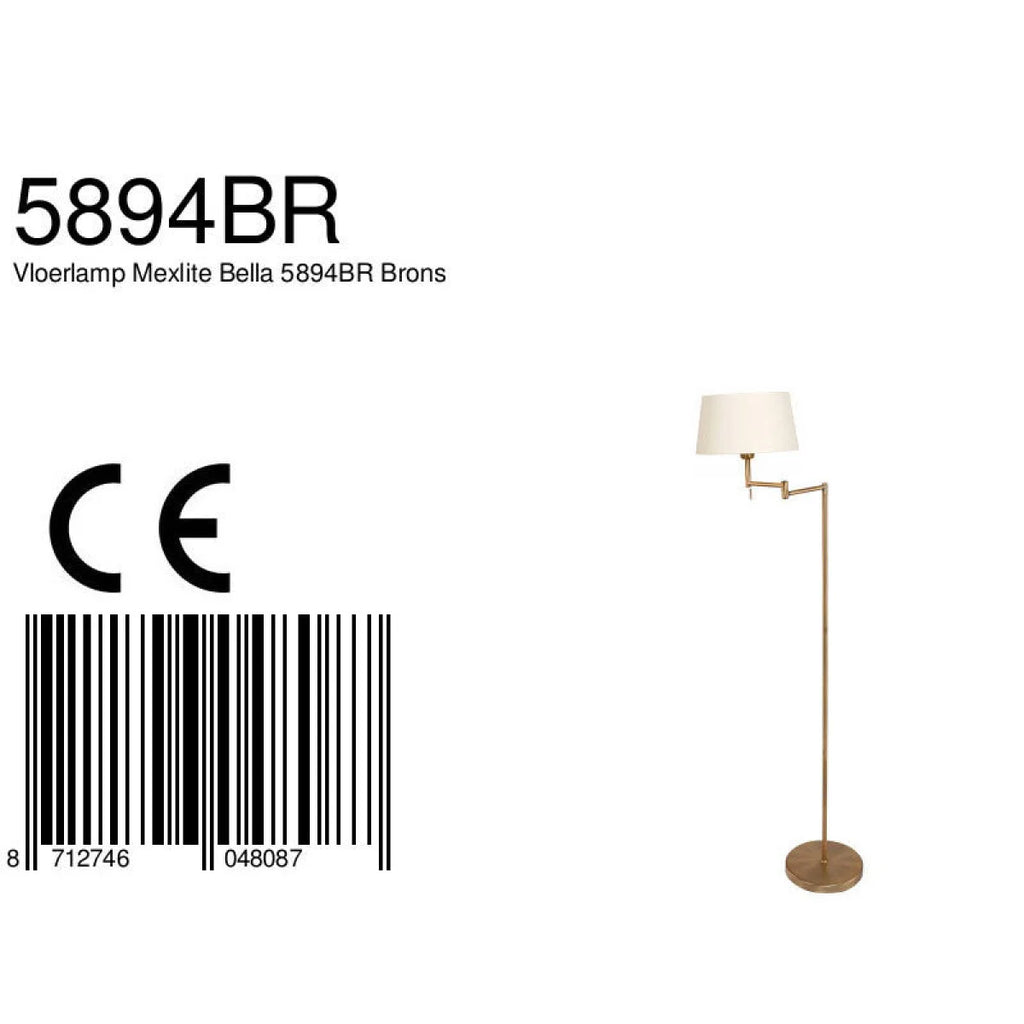 Lampadaire en laiton brossé avec bras pivotant et abat-jour tissu, H154 cm